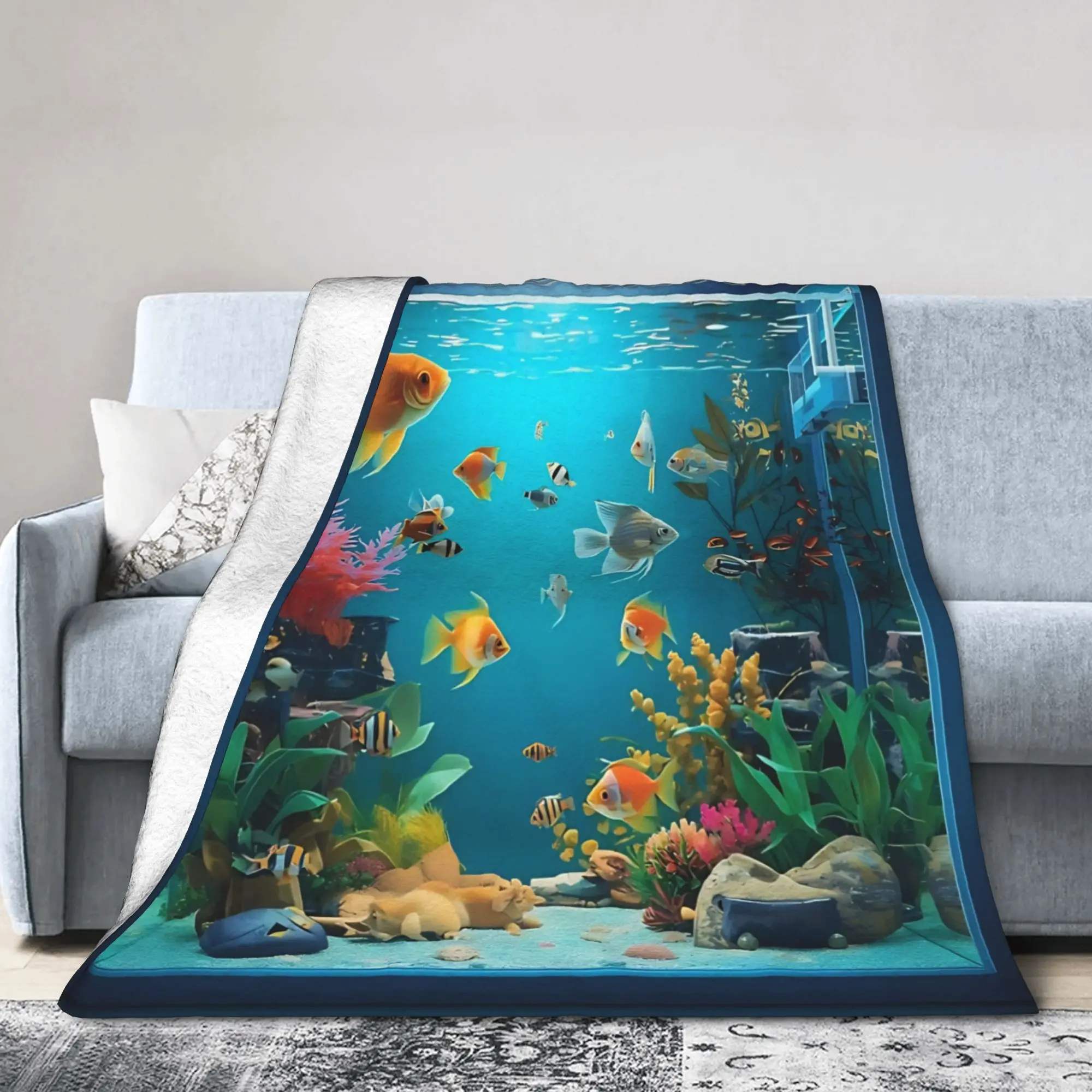 Frutiger Aero Fish Aquarium Retro Digital Blanket Cover Fleece  Super Warm Throw Blankets for Airplane Travel Bed Rug