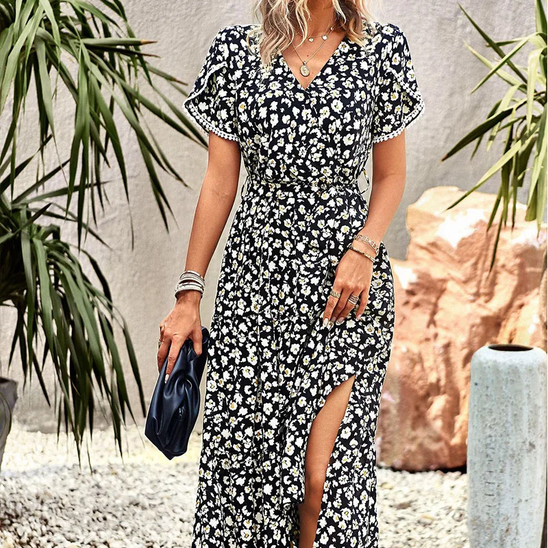 Vestido largo Vintage bohemio Floral de verano para mujer, vestido Sexy de manga corta con cuello en V para playa, vestidos informales con estampado de flores de cintura alta