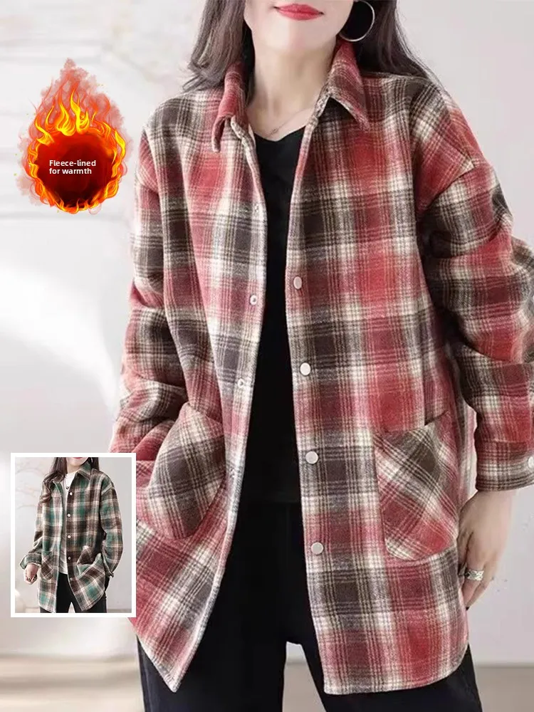 

Повседневное женское пальто средней длины с воротником в клетку на подкладке в стиле ретро, большие размеры, модное хлопковое пальто для поездок на работу