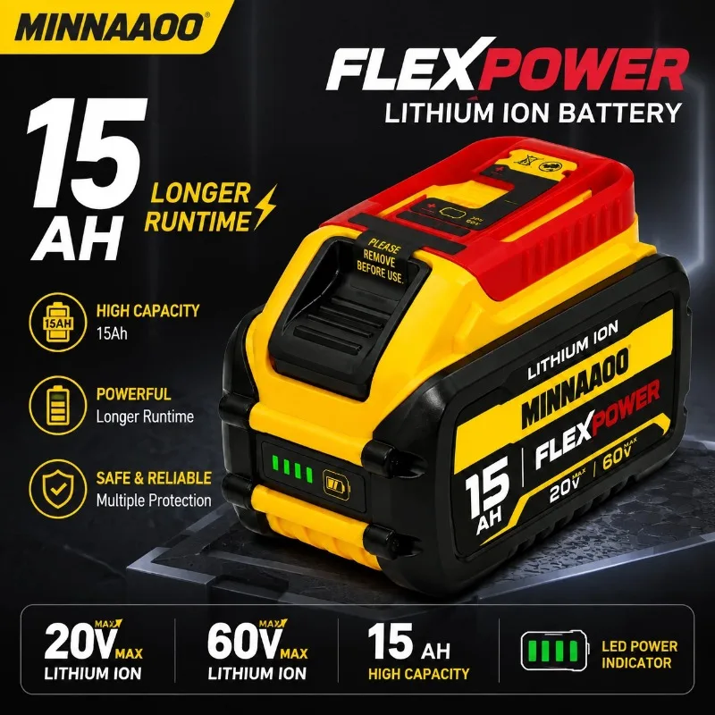 FOR Dewalt 20V MAX Battery Pack 15Ah 12Ah 9Ah Lithium Ion Rechargeable Power Tool Battery High Capacity Long Lasting