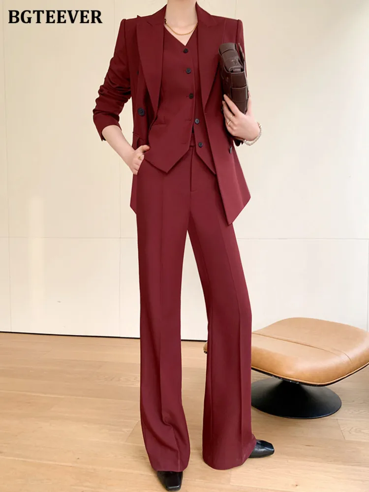 BGTEEVER Elegant 3 Pieces Trousers Suits Women Double Breasted Blazer & V-neck Vests & Wide Leg Long Pants Office Ladies Outfits