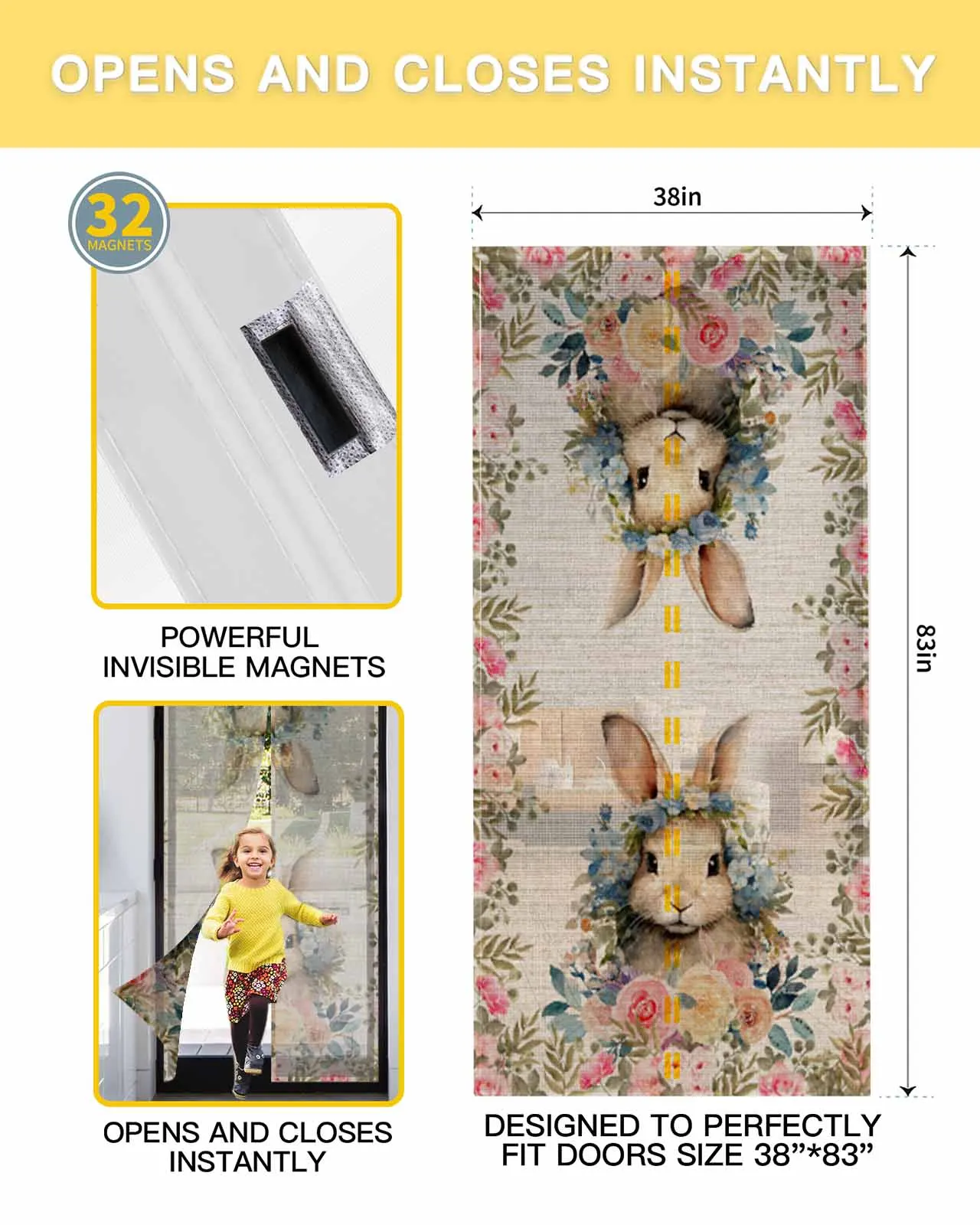 Easter Bunny Watercolor Flowers Summer Magnetic Door Curtain Living Room Bedroom Home Anti-mosquito Screen Door Curtain