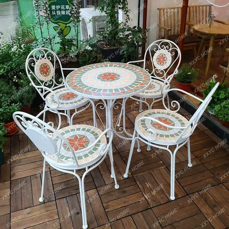 European Style Outdoor Tables Chairs Set Household Balcony Courtyard Iron Mosaic Table Lesure Chair Vintage Outdoor Furniture