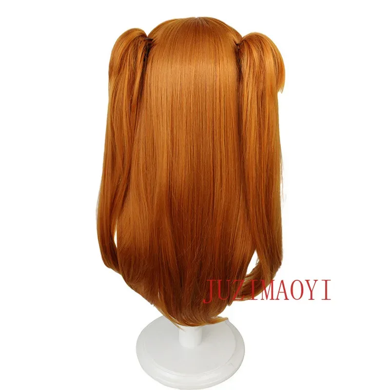 Asuka Langley Soryu pelucas de Cosplay largo naranja con 2 Clips de cola de caballo peluca de pelo sintético resistente al calor + gorro de peluca EVA de alta calidad