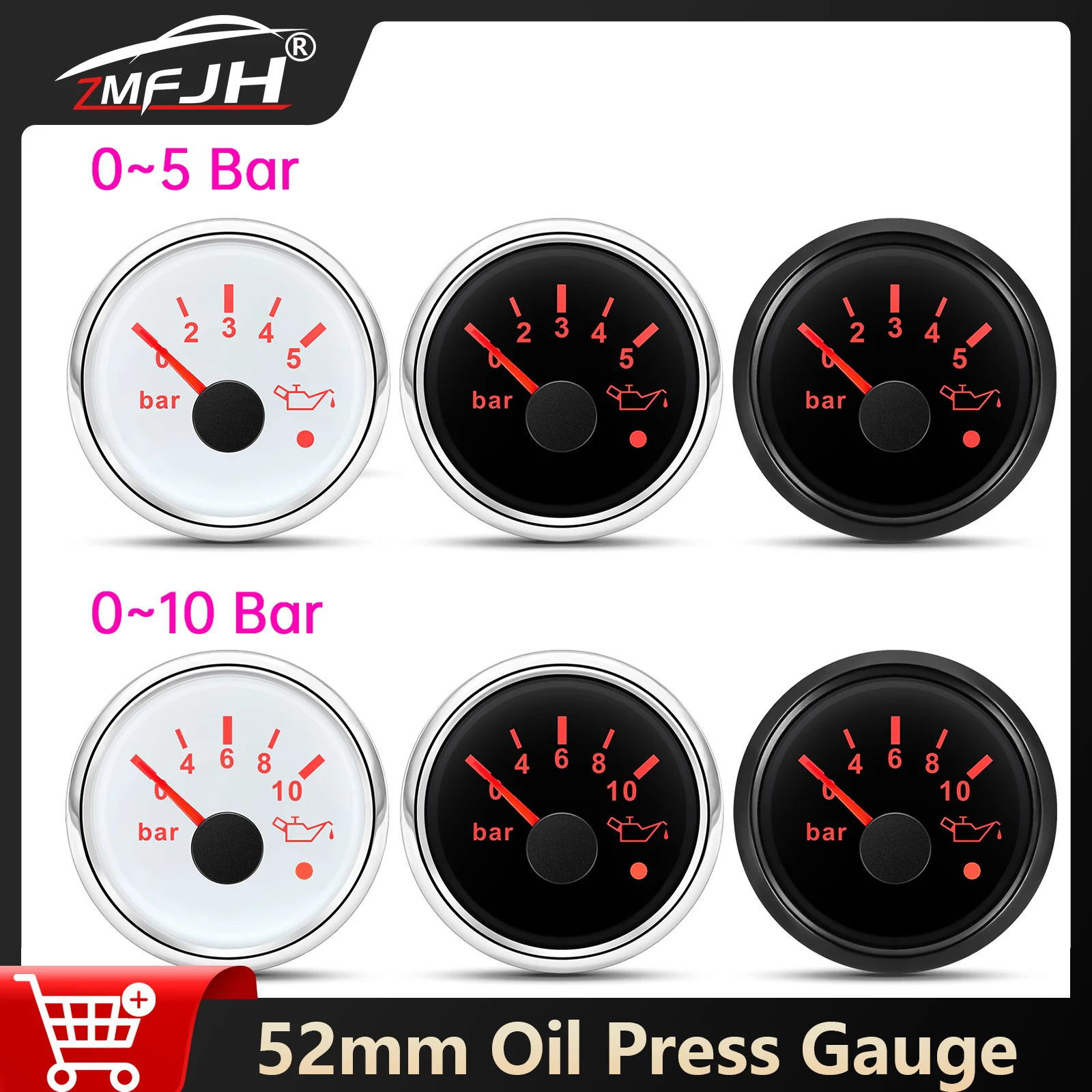 

2" 52mm 0~5 Bar Oil Pressure Gauge 0~10Bar Pressure Gauge For Marine Boat Car Oil Press Indicator With Red Backlight 12V 24V