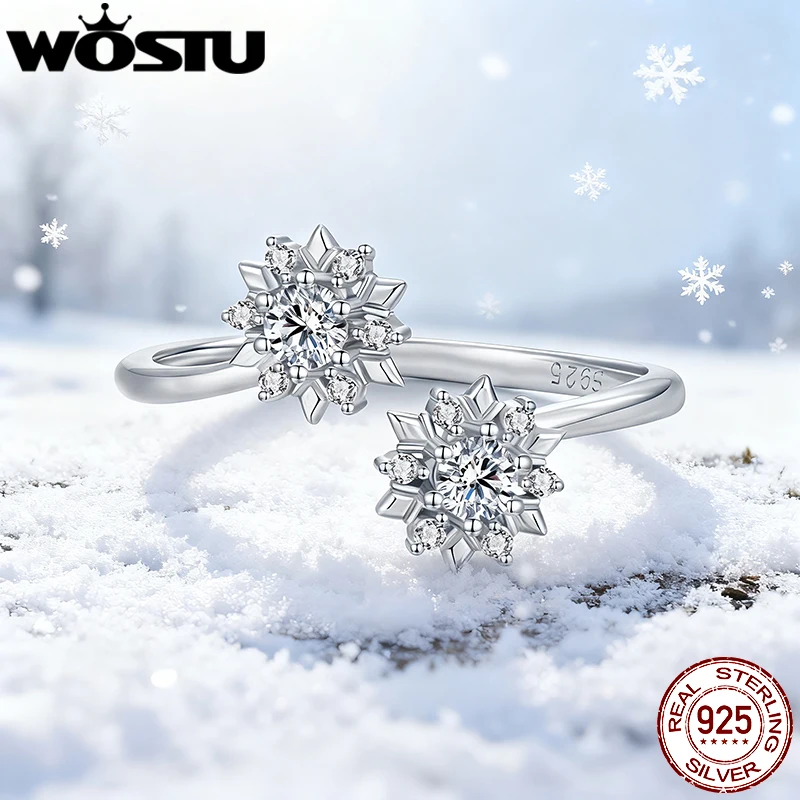 

WOSTU ​​925 Silver Snowflake Ring For Women , Shiny AAA Zircon Double Snow Flower Winter Wedding Xmas Jewelry Gift Party Gift