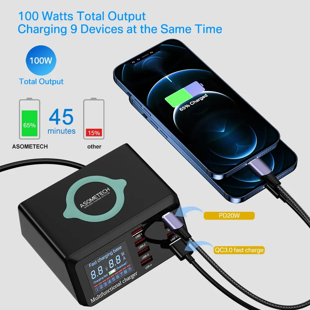 100W 8 Ports USB Charger Station With Wireless Charging Digital Display Screen QC3.0 PD3.0 Quick Charge For iPhone 14 13 Xiaomi