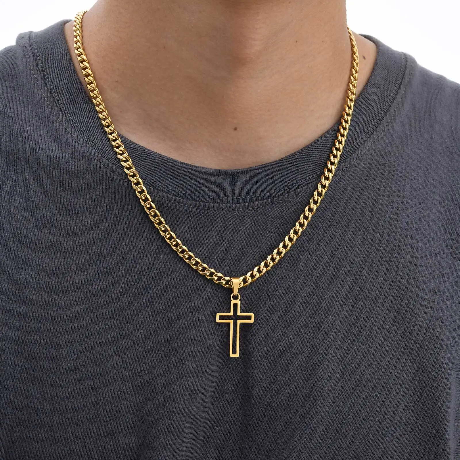 Grundlegende Kreuz-Halskette für Männer und Jungen, wasserdichter, stahlfreier, hohler Kreuz-Charm-Anhänger, einfacher Gebetsschmuck – Detail 3