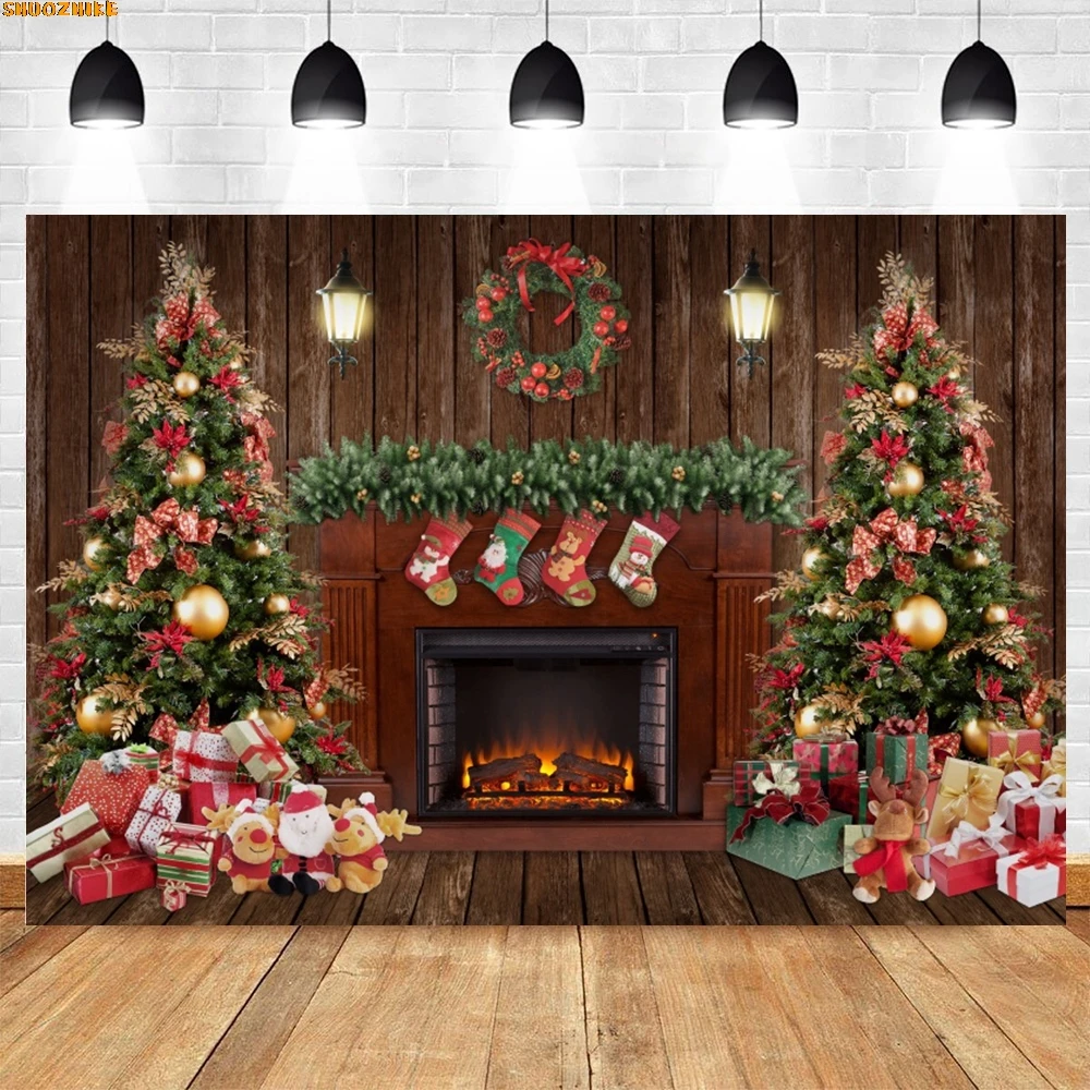 

Christmas Backdrop Xmas Tree Gifts Fireplace Window Kids Family Portrait Photography Background Decor Banner Photo Studio Props
