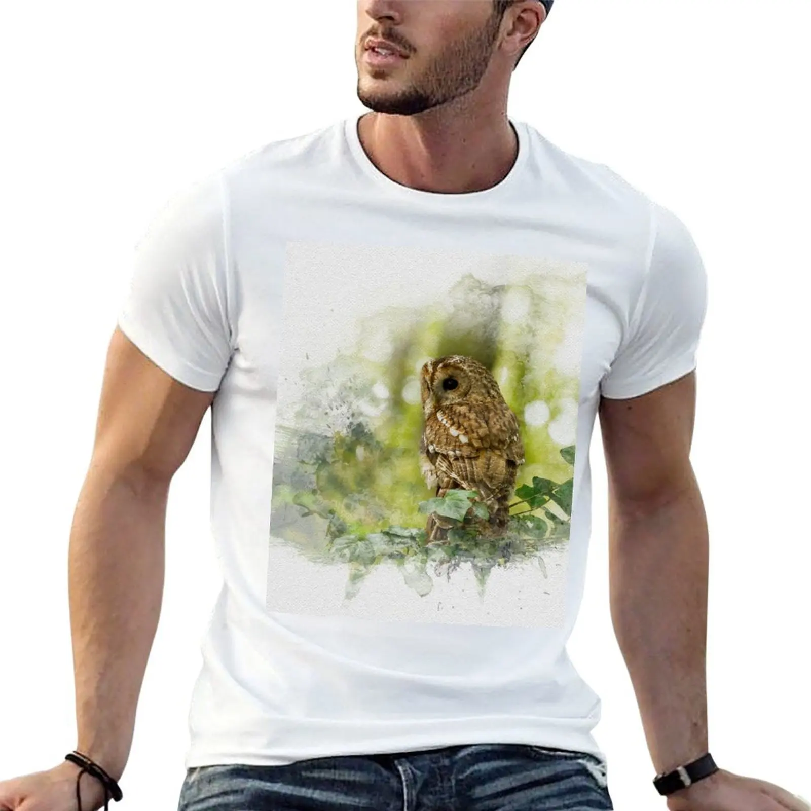 Tawny Owl Watercolour Photograph. T-Shirt shirts graphic tee quick drying men graphic t shirts