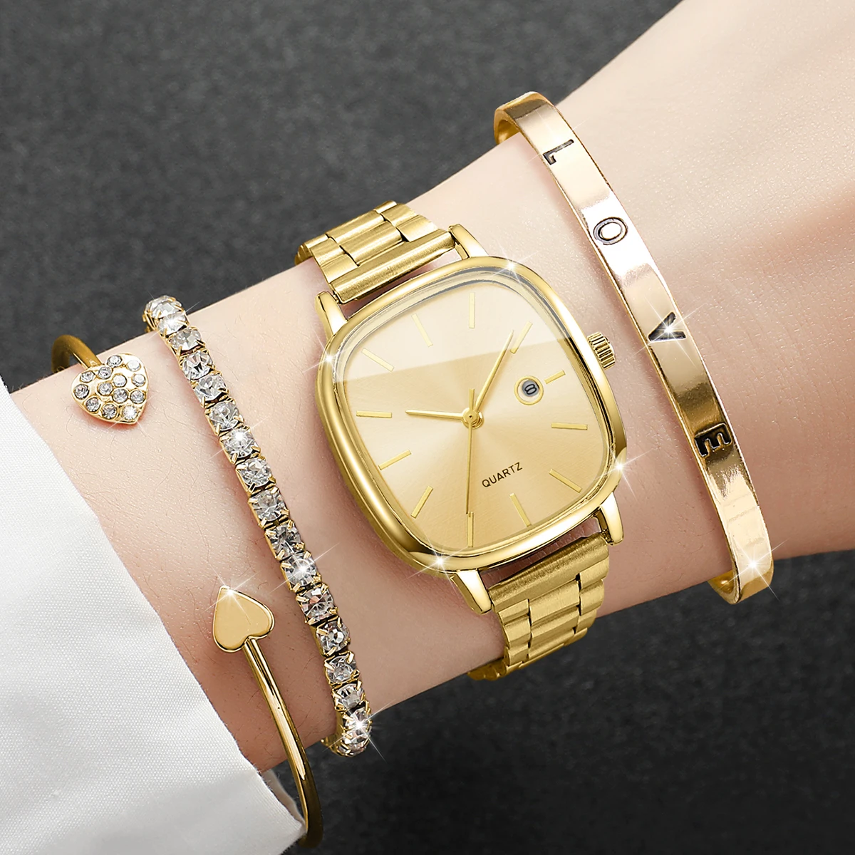 4 unids/set reloj de regalo para mujer conjunto de pulsera cuadrado escala Simple calendario Dial elegante exquisito reloj de cuarzo de moda (sin caja)