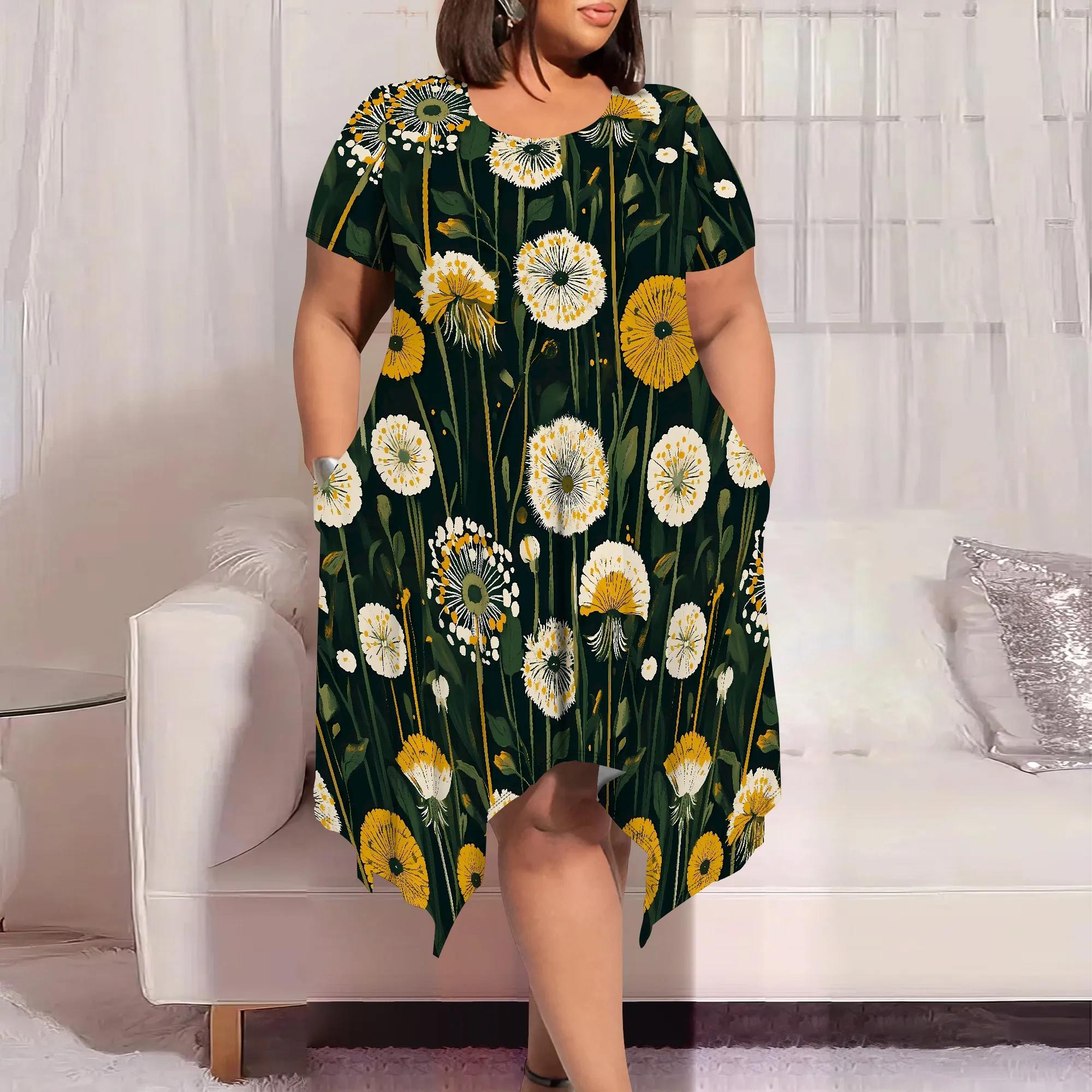 Elegant Plus Size Boho Floral Dress Women's Summer Wear Short Sleeves Round Neck and Pockets At The Beach Wedding