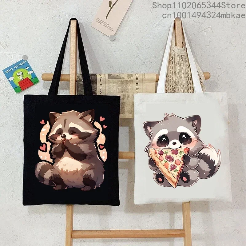 Cartoon Raccoon Printing Canvas Bag Women's Cute Animal Shoulder Tote Bag Large Capacity Shopping Bag Female Fashion Handbag