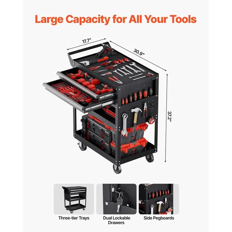 5-Tier Tool Cart with Wheels 400 lbs Load Capacity Rolling Work Cart with 2 Drawers Pegboard Mechanic Tool Storage Organizer