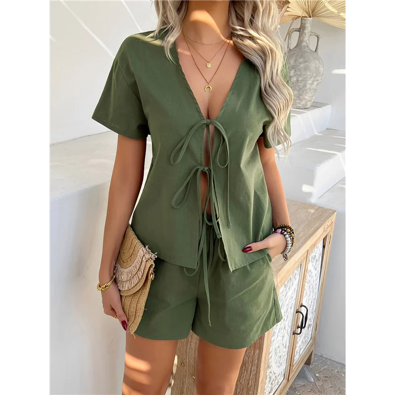 

Women's Summer Short Sets Front Tie V Neck Shirt Tops Matching Casual Shorts 2 Piece Outfits Vacation Loungewear