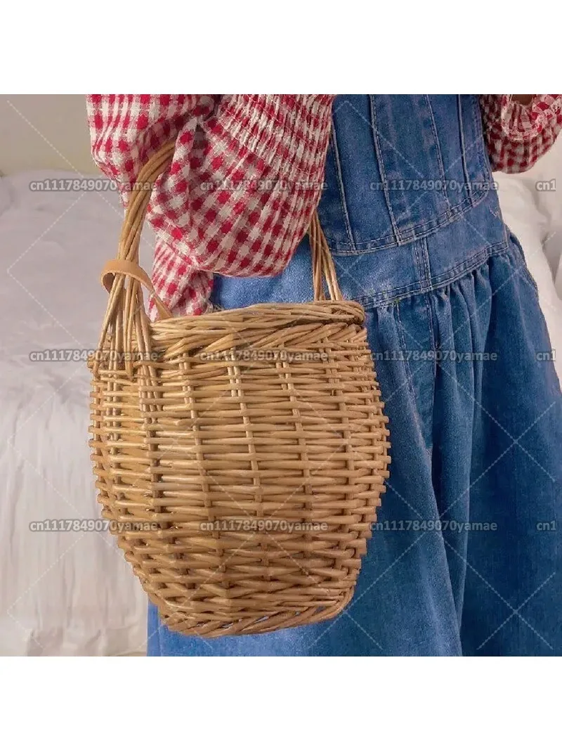 Collapsible Wicker Picnic Basket with Double Folding Handles, Onion Storage Bin, Shopping & Flower Carrier