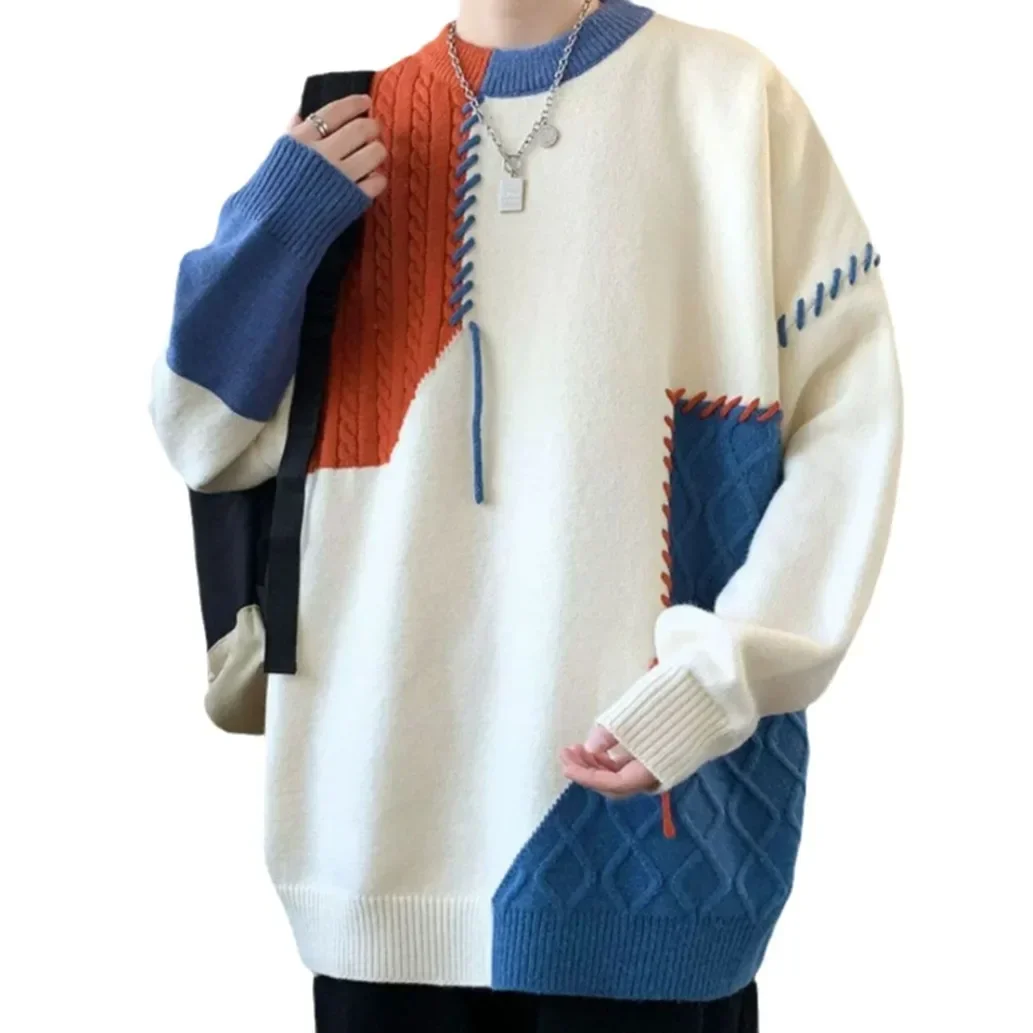 Man Panelled Contrast O-neck Sweater 2024 Autumn Winter Vintage Loose Long Sleeves Knitted Pullover Fashion Casual Male Jumper