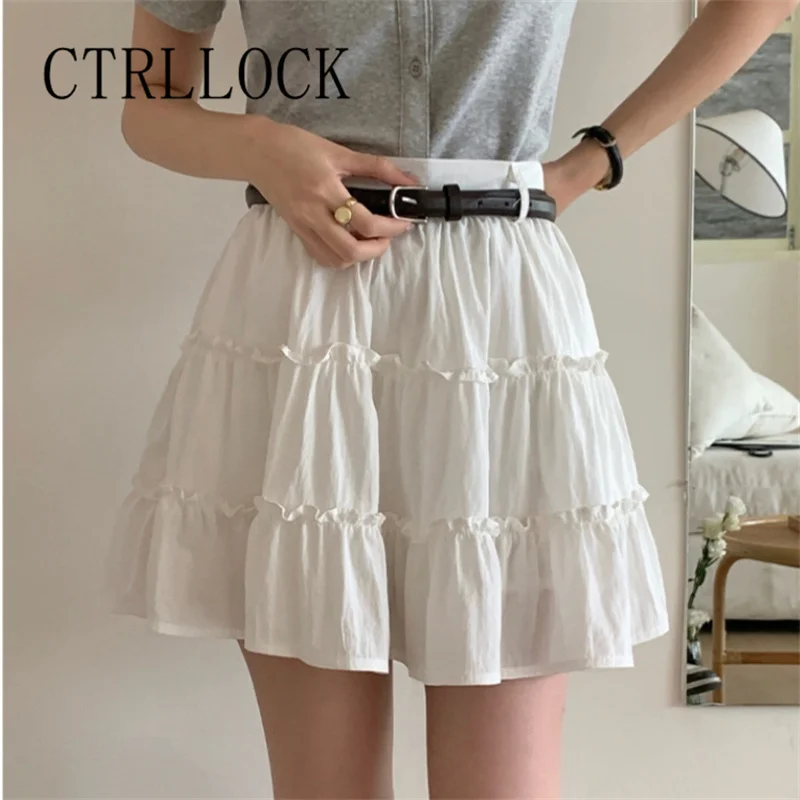 CTRLOCK-Saia de cintura alta linha A feminina, Ruched, Ruffles, Slim, Branco, Estilo Preppy, Verão