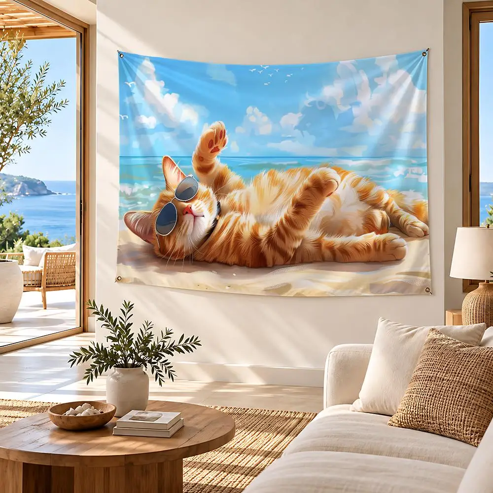 art Cat Perched on Beach Flags flag Metal Grommets waterproof Polyester Wall Flag Art Decor For Studio Game Room gift
