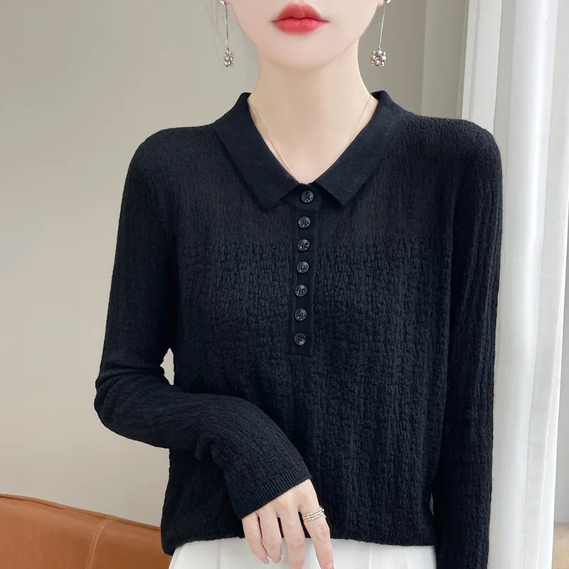 Women\'s sweater autumn/winter 100% pure wool pullover casual solid knitted Tops Japanese/Korean loose POLO collar basic Blouse