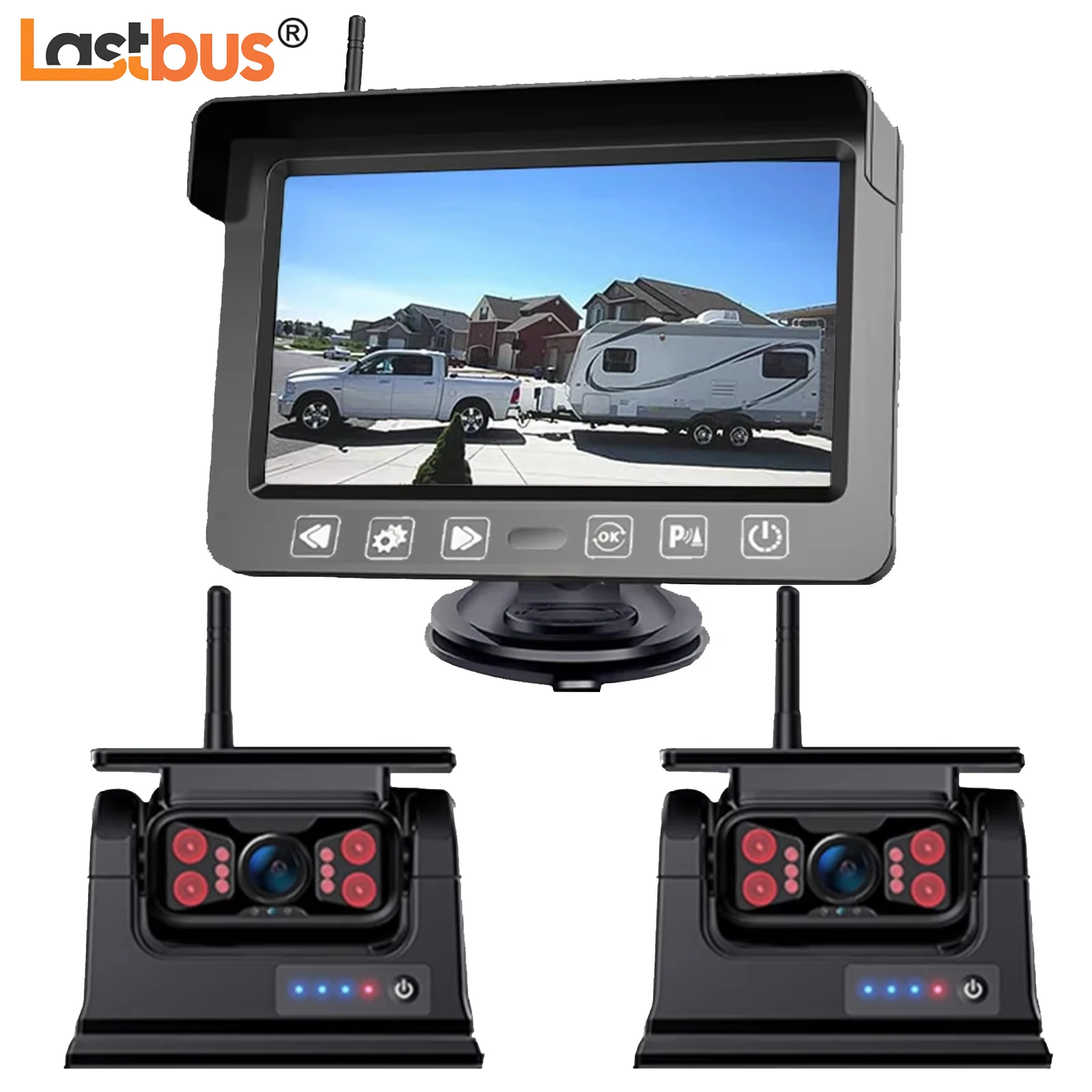 Lastbus 5" Digital Wireless 2 Ch Splitscreen Monitor + 1/2x Wireless Solar Panel 1080P Backup Rear View Cameras For Truck RV