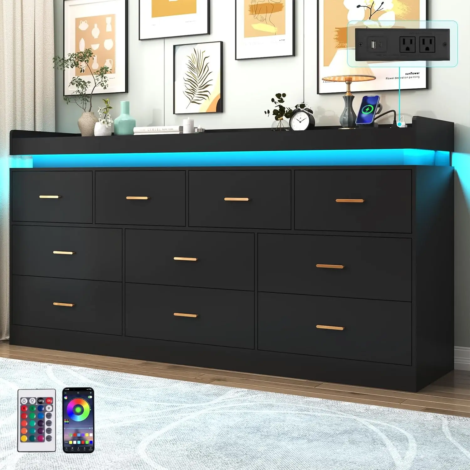 10 Drawer Dresser with LED Light and Charging Station, Wide Drawer Organizer Cabinet for Bedroom, Black