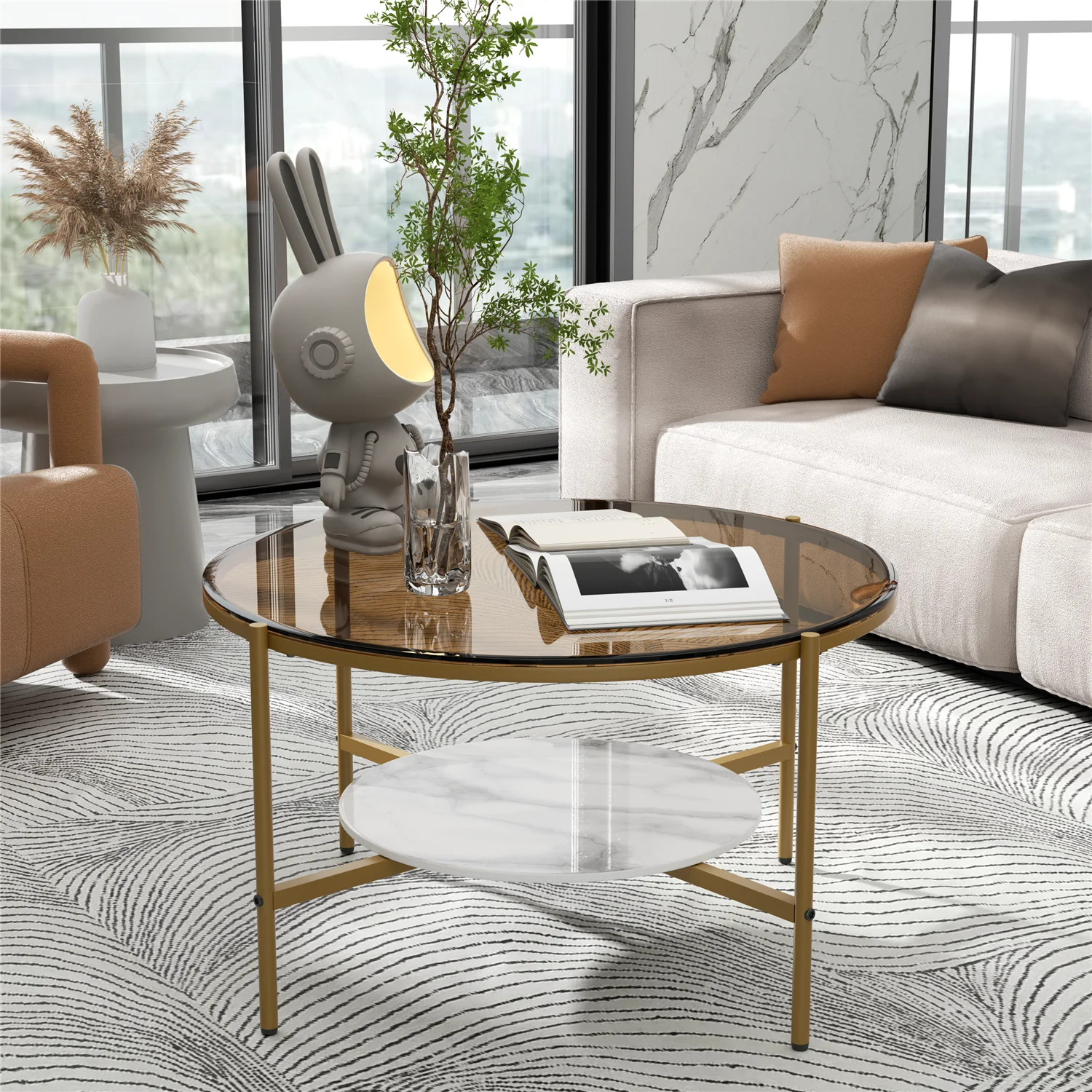 Round Coffee Table 2-Tier 32inch Luxury Modern Center Table with Large Tempered Glass Top and Sintered Stone Low Storage Shelf