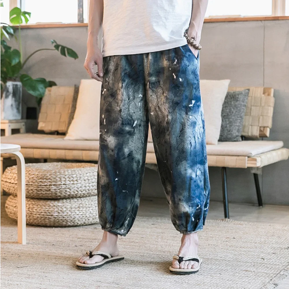 Pantalon d'été à jambes larges en coton et lin pour hommes, imprimé élastique, coupe couvertes, séchage rapide, bouffant doux, pyjama de salon respirant, fjt