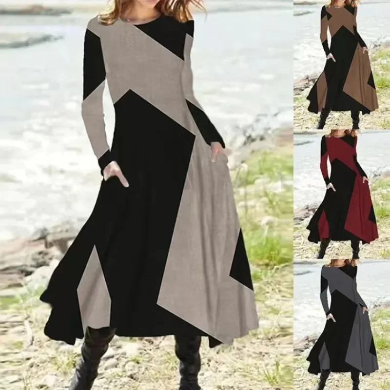 

Retro Fashion Contrast Color Elegant Party Ladies Dresses Spring Autumn Casual Street Long Sleeve Loose Pockets Midi Dress Women