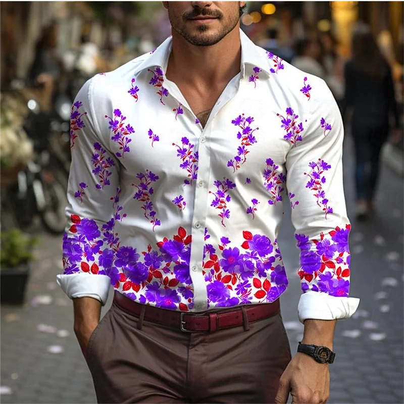 Flower 3D Printed Shirt Men\'s Spring Autumn Long Sleeve Lapel Top New Fashion Casual Shirt Street Wear 6XL Men\'s 2024