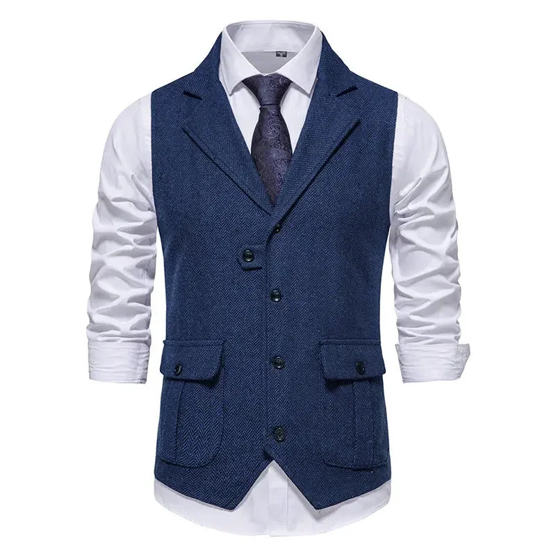 Men\'s Retro Herringbone Tweed Suit Vest Turn-down Collar Male Waistcoat Slim Formal Business Casual Vest ropa hombre 8 Colors