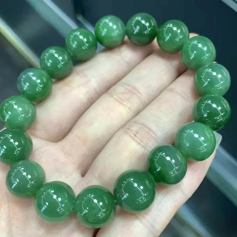 Hetian Russian Jade Round Buddhist Beads Single-Loop Bracelet Without Black Spots