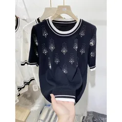 Stylish Sweater For Women Summer 2024 New Fashion Beading Embroidery Short Sleeve Knitwear Tops Elegant Chic Ladies Jumper