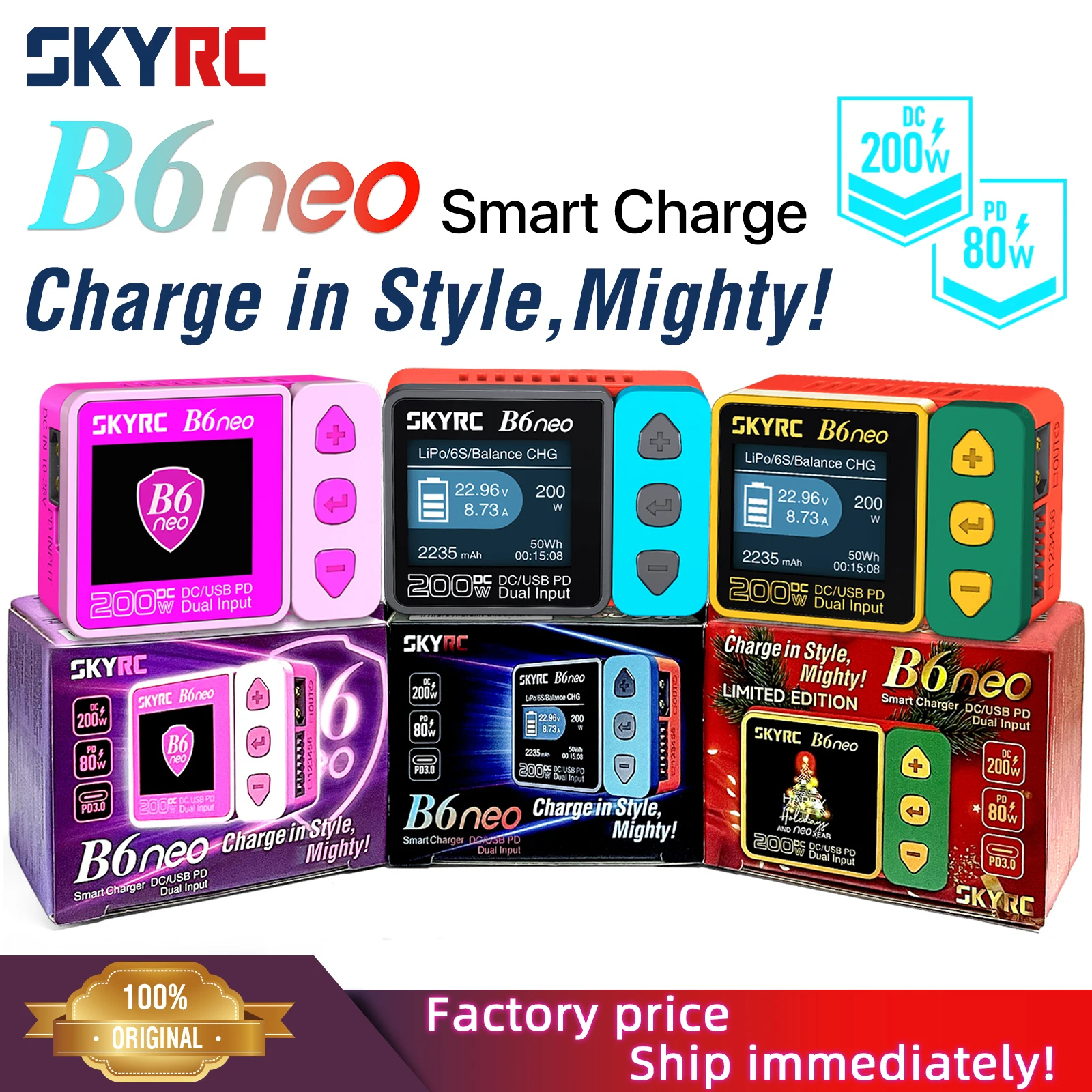 2023 SkyRC B6neo Smart Charger DC 200W PD 80W Battery Balance Charger SK-100198 B6 neo Xmas tree version