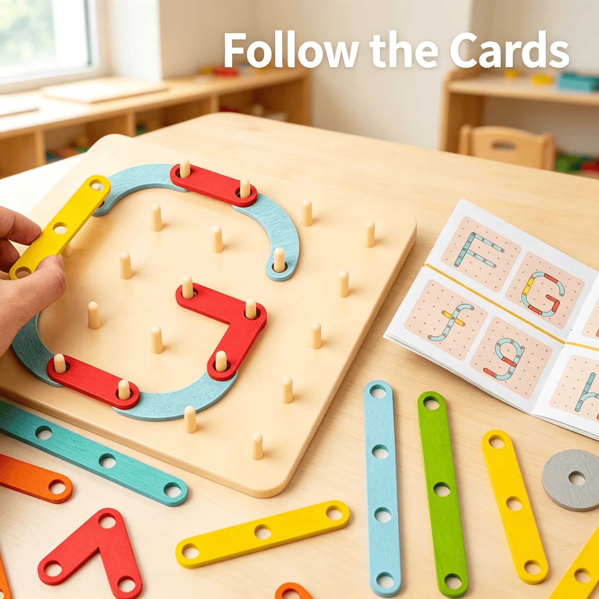 Children's Wooden Pin Board Montessori Educational Toys with 100 Patterns Alphabet Numbers Geometric Shapes Learning Tool