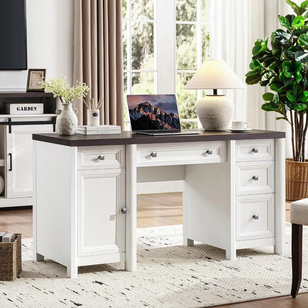 58” Executive Office Desk with Storage, White Home Office Desk with 5 Drawers, Farmhouse Writing Table with Cabinet Adjustable S