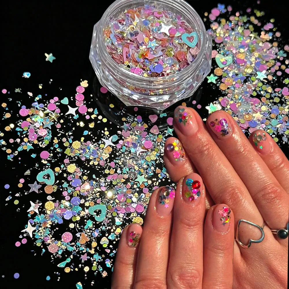 1 boîte de paillettes brillantes multi-formes pour nail art, sequins colorés holographiques en forme de cœur, étoile, hexagone, flocons ronds, décorations pour ongles, breloques pour ongles