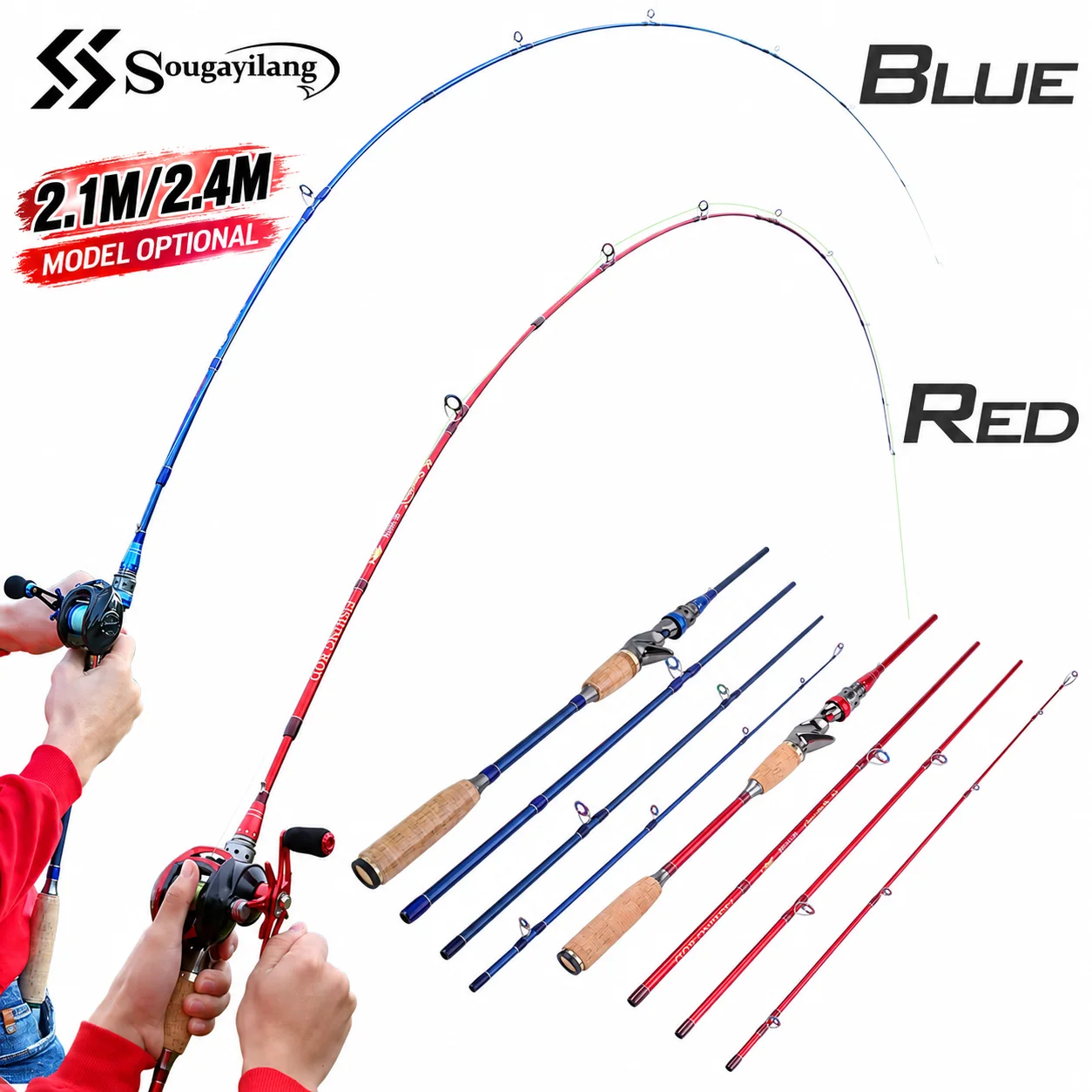 Sougayilang 2/4 Sections Portable Spinning/Casting Carbon Lure Fishing Rod ML Fast Action 2.1M/2.4M 3 Colors Travel Fishing Pole