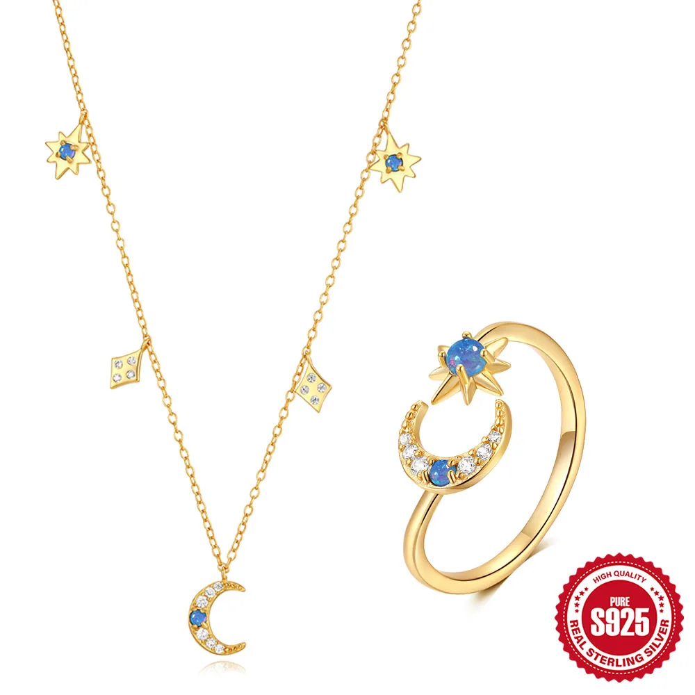 

Dawn's Jewel S925 Sterling Silver Star Moon Set With Opal Folding Necklace Adjustable Ring Set anillos