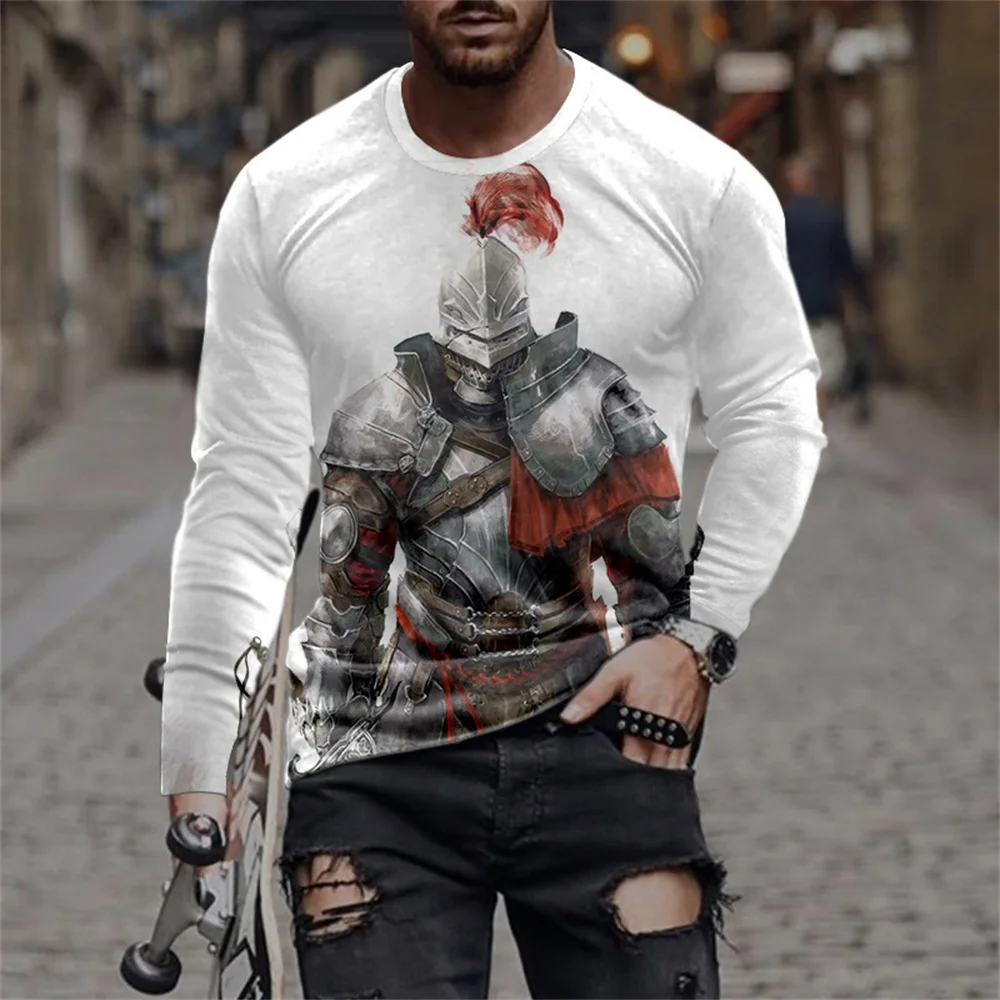 Vintage Men\'s T-shirt Templar Printed Long Sleeve Tops O-neck Men Clothing Oversized Casual Streetwear Autumn Black Tees