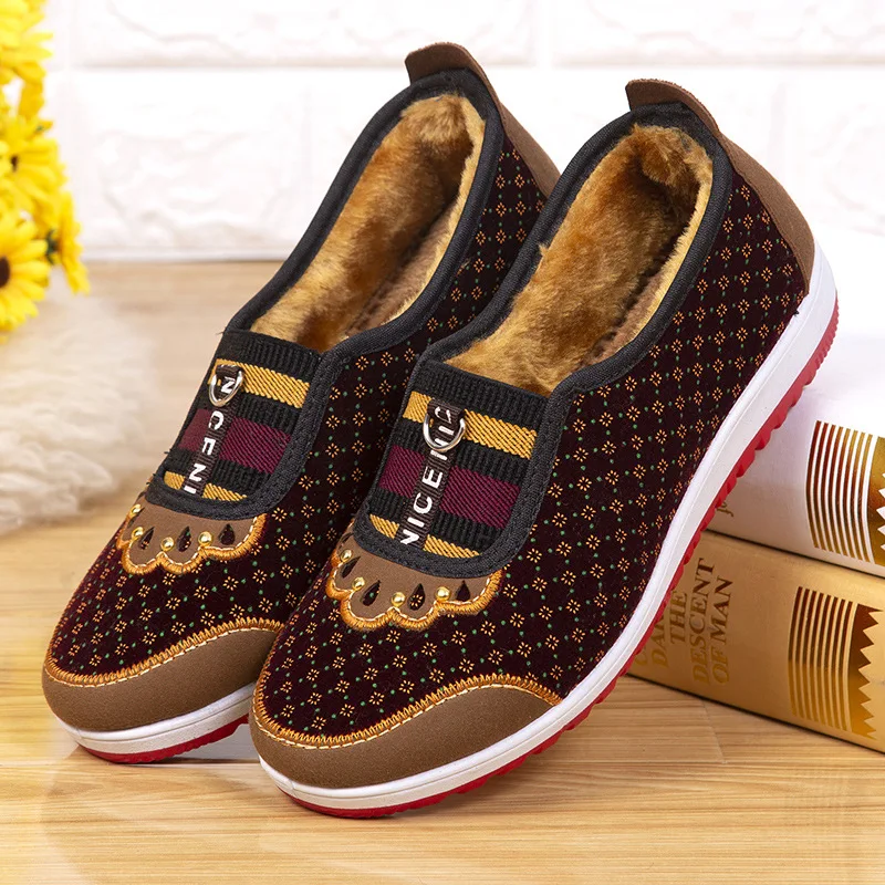 Winter Women’s Warm Casual Shoes Plugging Thickening Lightweight Flat Shoes Patchwork Print Soft Non Slip Shoes