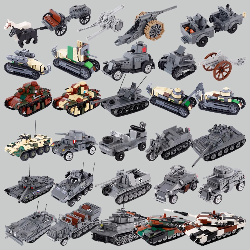 WW1 German French Military Tank Italian Cannon Building Blocks Soldier Figures Armored Artillery Carriage Model Bricks Kids Toys