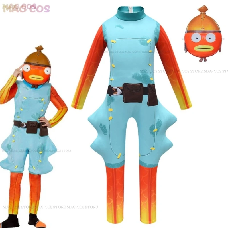 Game Fort Skin Outfit Fishstick Fish Cosplay Jumpsuit 110-150cm Kids Costume Carnival Children Halloween Roleplay Clothes