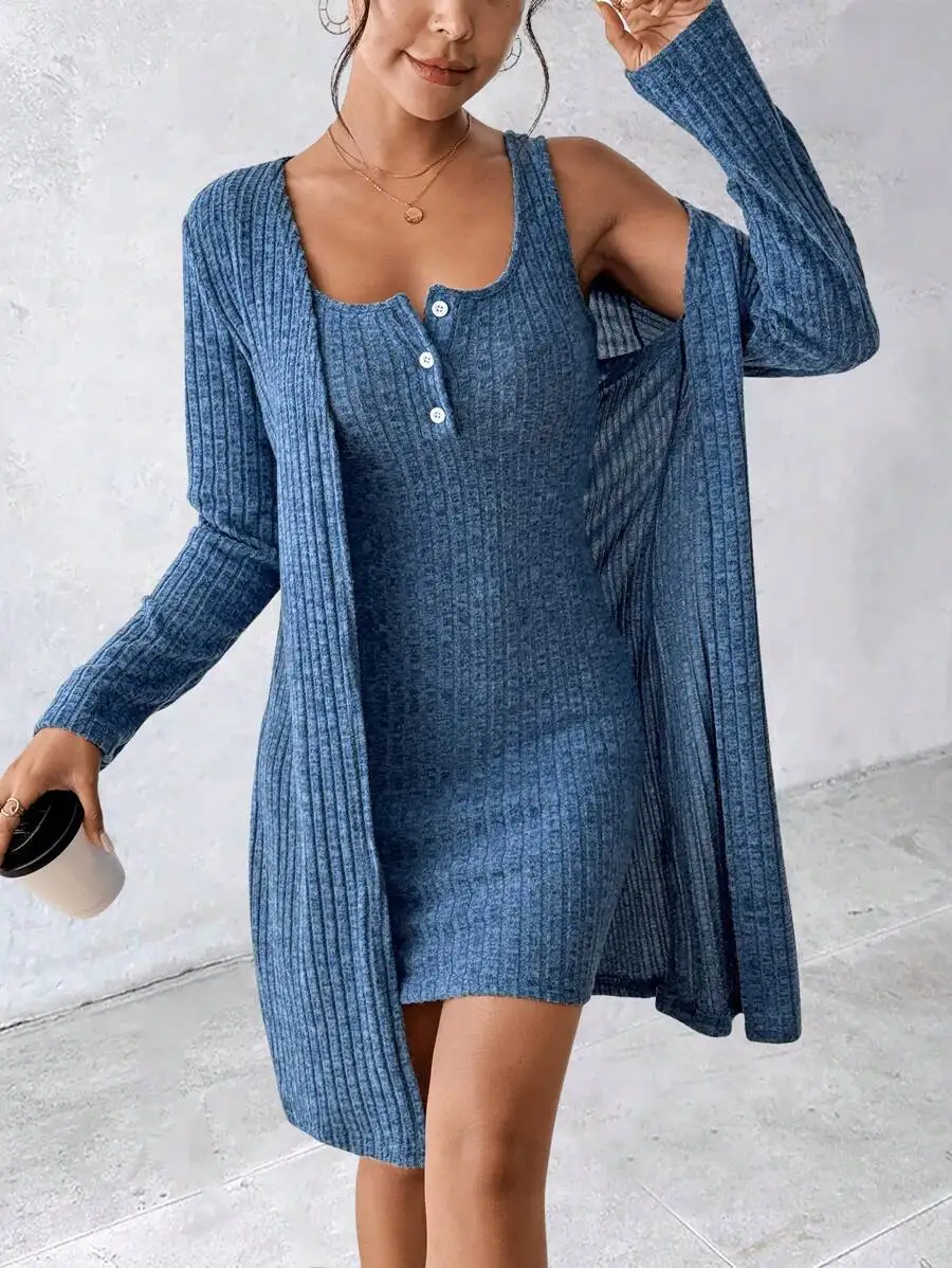 

Women's Ribbed Knit 2-Piece Lounge Set with Button Front and Open Cardigan, Blue
