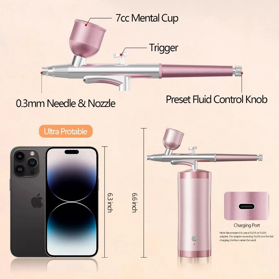 Cordless Airbrush Kit with 48PSI Rechargeable HighPressure Compressor and 0.3mm Nozzle for Precision Applications in Nail Art C