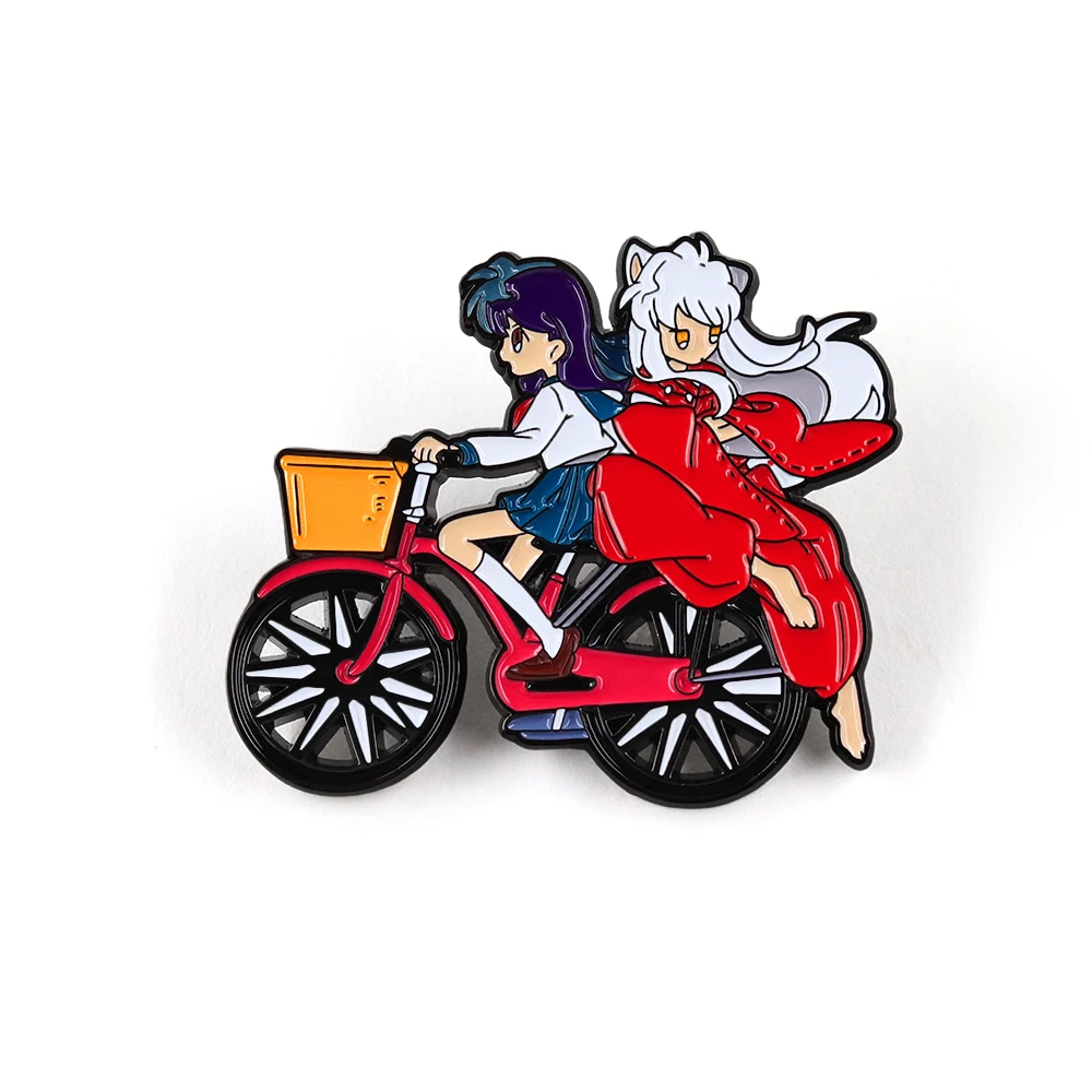 Inuyasha Kagome auf Fahrrad Emaille-Anstecknadel Klassische Anime-Filmfiguren Brosche Rotes Fahrrad Metall-Abzeichen Reversnadel Manga-Geschenk für Fans – Detail 1