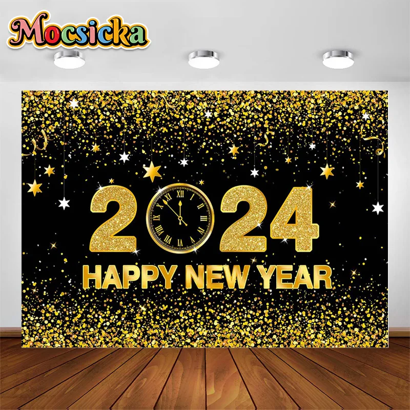 Mocsicka Cheers to 2024 Eve Photography Background Happy New Year Fireworks Glitter Party Portrait Decor Photo Backdrop Studio