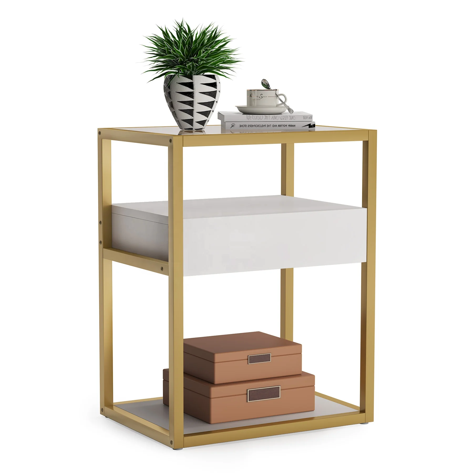 Modern luxury sofa side table coffee table, mirror glass top, white and gold bedside table