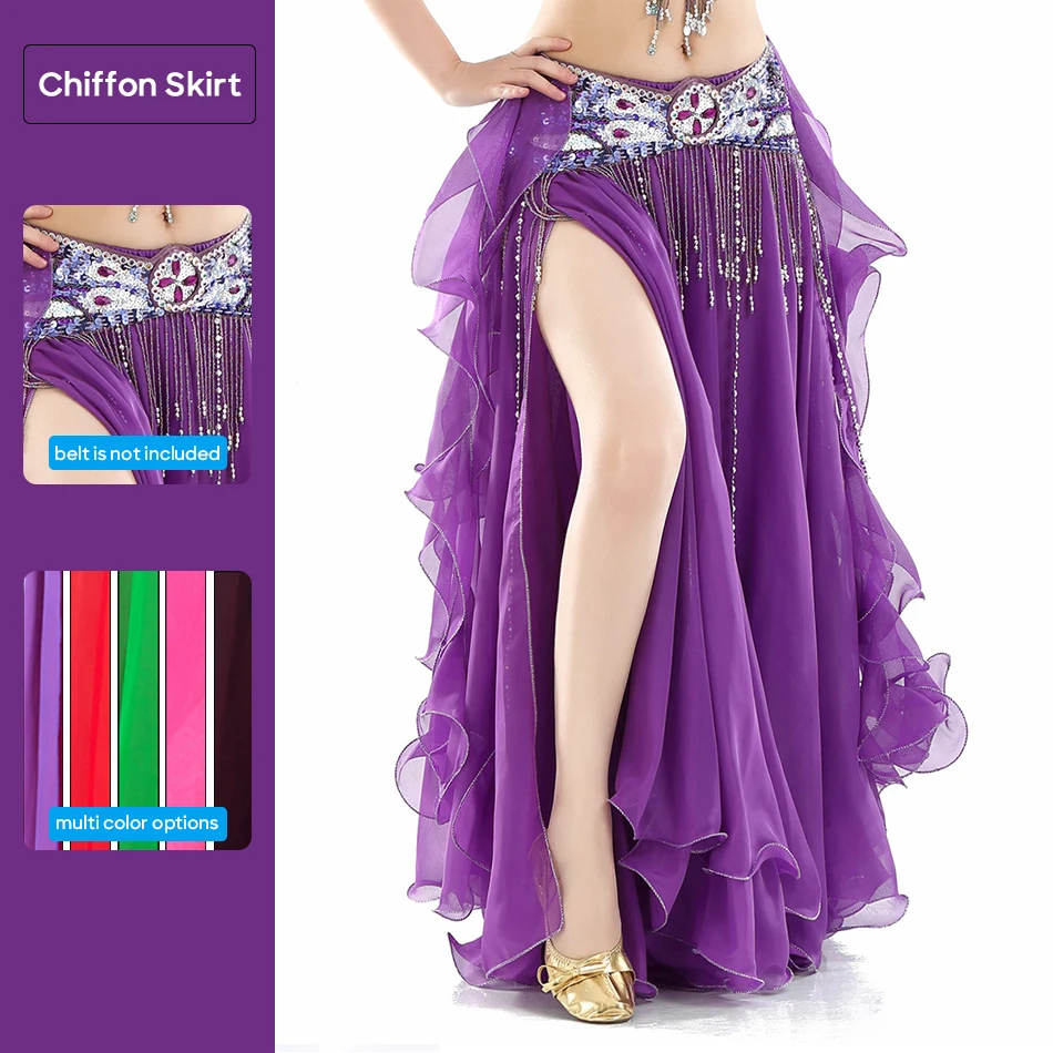 Belly Dance Skirt Chiffon Curled Leaf Double Slit Ear Skirt Gauze Skirt High Slit Skirt For Adult Women Performance Practice