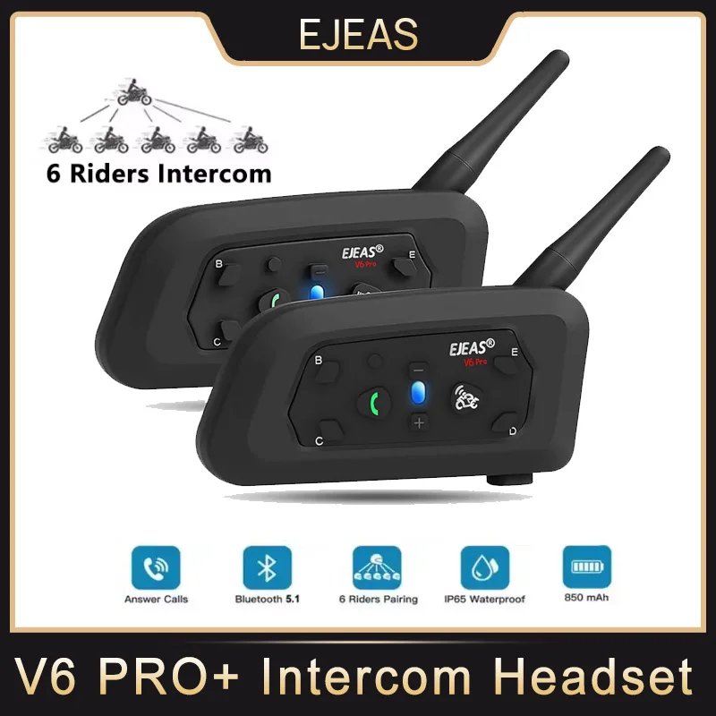 

EJEAS V6 PRO + Мотоциклетный шлем Bluetooth-гарнитура Домофон До 6 гонщиков Коммуникатор 800 м Домофон IP65 850 мАч для катания на лыжах